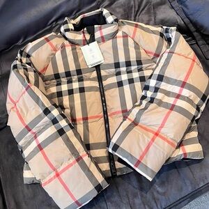 Burberry Beige and Red Check Puffer Jacket